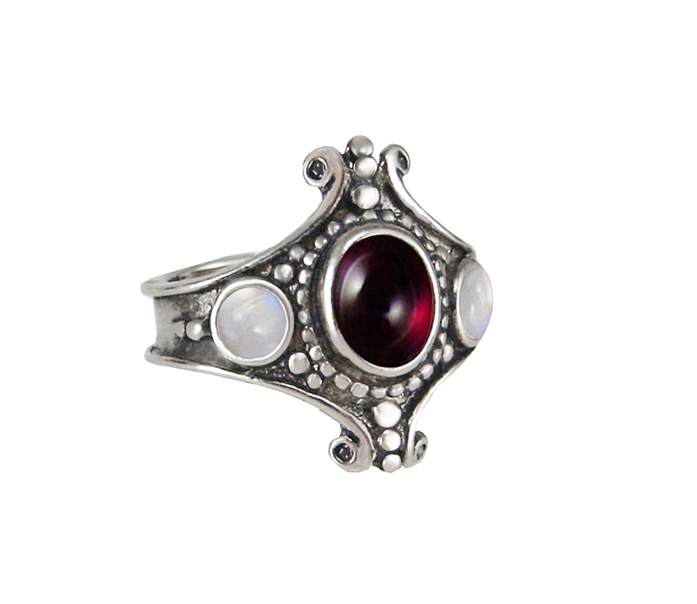Sterling Silver Imperial Ring With Garnet And Rainbow Moonstone Size 9